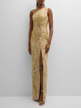 Dress the Population Black Sz 0 Gold Brea One-Shoulder Bead & Sequin Column Gown